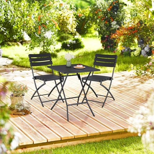 Relaxdays Balcony Furniture Set, Table and 2 Garden Chairs, Foldable, Wood Effect, Steel and Plastic, Black, 74 x 61 x 61 cm - Image 3