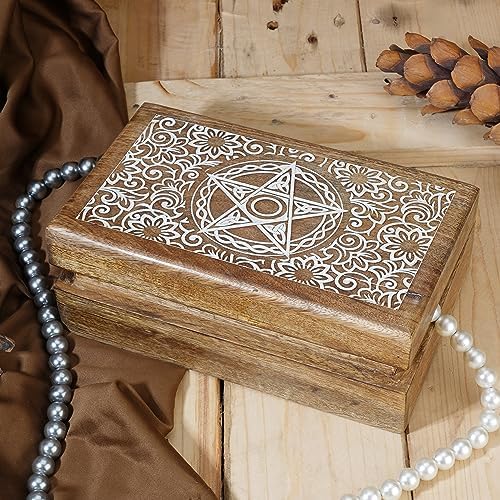 Ajuny Mango Wood Jewellery Box 20 × 13 × 6.5 cm – Vintage Hand-Carved Box with Star and Flower Motifs, Jewellery and Watch Organizer, Decorative Keepsake Box, Gift Idea - Image 3