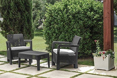 Keter Tarifa Balcony Outdoor Garden or Terrace Set 2 Seater and Table with Cushions Included, Resin with Round Rattan Finish, Graphite Colour - Image 3