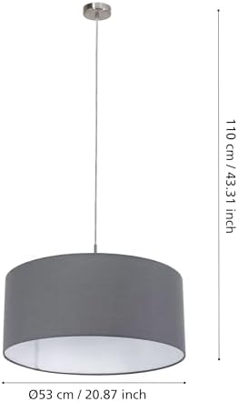 Eglo PASTERI Suspension Lamp, Textile Pendant Lamp with 1 Bulb, Steel and Fabric Suspension Lamp, Matt Nickel, Grey, E27 Base, Diameter 53 cm - Image 8