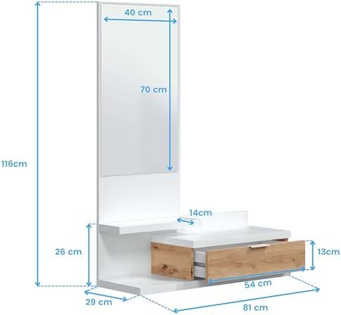 Habitdesign Hallway with Drawer and Mirror, Entrance Cabinet, Dahlia Model, Artic White and Nodi Oak, Measurements: 81 cm (W) x 116 cm (H) x 29 cm (D) - Image 8