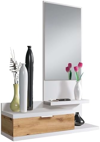 Habitdesign Hallway with Drawer and Mirror, Entrance Cabinet, Dahlia Model, Artic White and Nodi Oak, Measurements: 81 cm (W) x 116 cm (H) x 29 cm (D) - Image 2