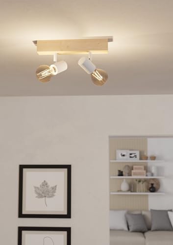 EGLO lámpara de techo de 2 focos Townshend 3, lámpara de techo de la época en el diseño industrial, lámpara retro hecha de acero y madera, blanco, marrón, E27, certificado FSC - Image 3