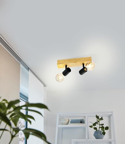 Eglo TOWNSHEND 3 Retro Ceiling Light Fixture with 2 Bulbs Vintage Industrial Style Steel and Wood Black Brown E27 Socket FSC Certified - Image 5