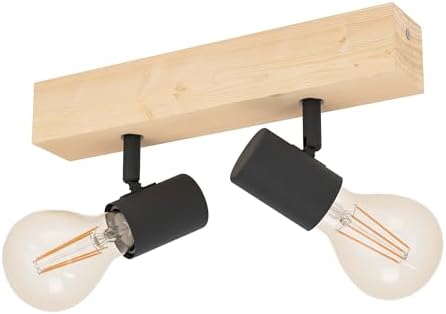 Eglo TOWNSHEND 3 Retro Ceiling Light Fixture with 2 Bulbs Vintage Industrial Style Steel and Wood Black Brown E27 Socket FSC Certified - Image 2