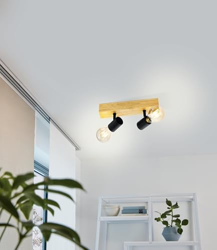 Eglo TOWNSHEND 3 Retro Ceiling Light Fixture with 2 Bulbs Vintage Industrial Style Steel and Wood Black Brown E27 Socket FSC Certified - Image 3