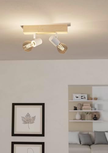 EGLO lámpara de techo de 2 focos Townshend 3, lámpara de techo de la época en el diseño industrial, lámpara retro hecha de acero y madera, blanco, marrón, E27, certificado FSC - Image 4