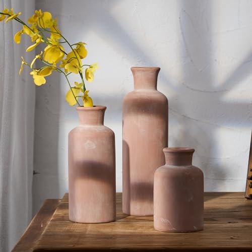 SIDUCAL Set of 3 Rustic Bleached Terracotta Ceramic Vases, Ceramic Vase, Decorative Clay Vases for Home Decor, Living Room, Shelf, Mantel Decor - Image 6