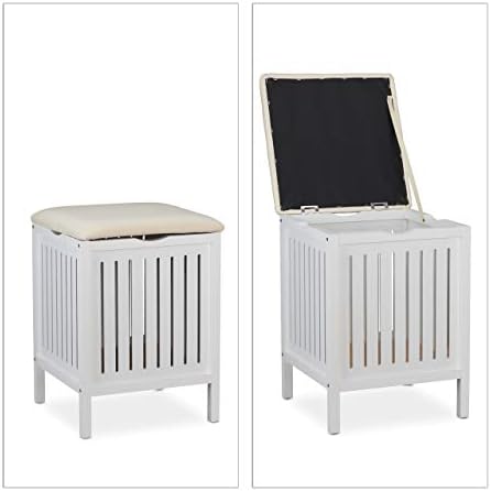 Relaxdays Bathroom Bench with Seat, Laundry Stool, Rustic Style, 40 L, Dirty Laundry Basket, 55 x 41 x 41 cm, White - Image 6