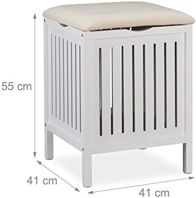 Relaxdays Bathroom Bench with Seat, Laundry Stool, Rustic Style, 40 L, Dirty Laundry Basket, 55 x 41 x 41 cm, White - Image 4