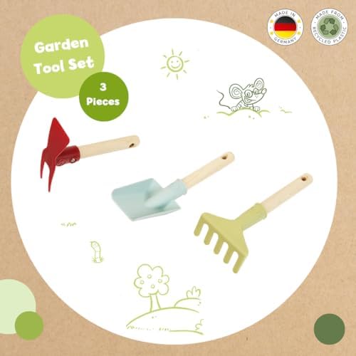 Theo Klein 7681 Herramientas de jardinería I Incluye pala, rastrillo y azada doble con mango corto de madera I Plástico reciclado I Apto para niños a partir de 3 años - Image 5