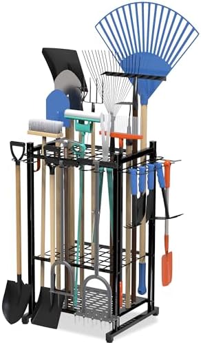 Garden Tool Organizer Up to 50 Tools, Heavy Duty Steel Garage Storage Tool Organizer with 11 Hooks, Broom Holder and Tool Rack - Image 2
