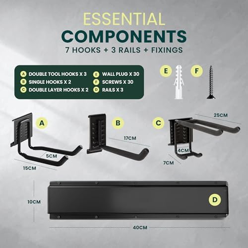 Green Haven 48 Inch Heavy Duty Garden Tool Rack, Customizable Garage Tool Organizer Wall Mount with 10 Adjustable Hooks, Holds up to 200kg, - Image 5