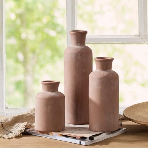 SIDUCAL Set of 3 Rustic Bleached Terracotta Ceramic Vases, Ceramic Vase, Decorative Clay Vases for Home Decor, Living Room, Shelf, Mantel Decor - Image 4