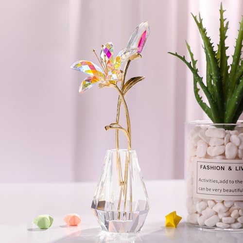 LONGWIN Artificial Glass Tiger Lily Flowers with Glass Vase, AB Coated Crystal Collectible Figures for Home, Wedding, Mother's Day Gift Idea - Image 6