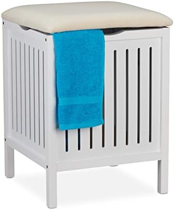 Relaxdays Bathroom Bench with Seat, Laundry Stool, Rustic Style, 40 L, Dirty Laundry Basket, 55 x 41 x 41 cm, White - Image 2