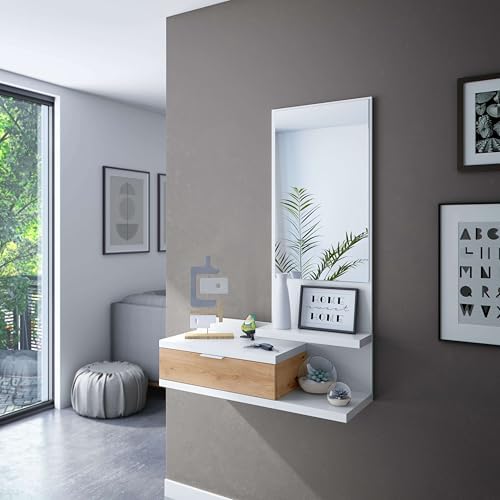 Habitdesign Hallway with Drawer and Mirror, Entrance Cabinet, Dahlia Model, Artic White and Nodi Oak, Measurements: 81 cm (W) x 116 cm (H) x 29 cm (D) - Image 7