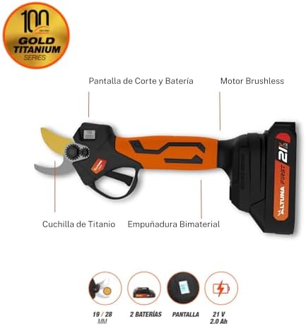 Altuna - Titanium Battery Pruning Shears - Brushless Motor - Cut 19/28mm - With Display Screen - Includes 2 21V Batteries - Bi-Material Grip - Case and Accessories Included - AF28 - Image 3
