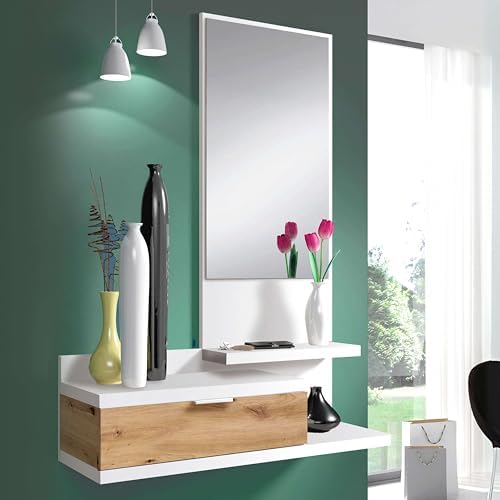 Habitdesign Hallway with Drawer and Mirror, Entrance Cabinet, Dahlia Model, Artic White and Nodi Oak, Measurements: 81 cm (W) x 116 cm (H) x 29 cm (D) - Image 6