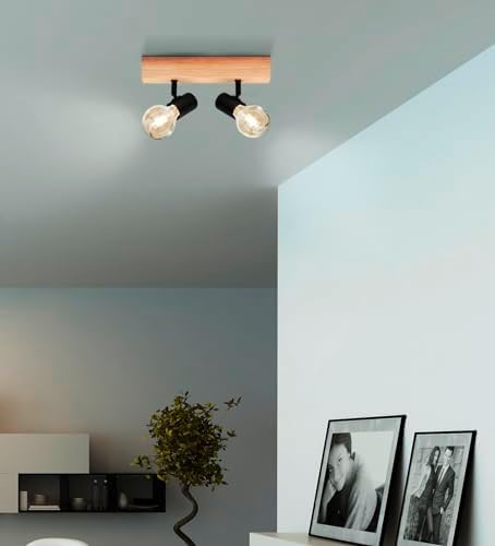 Eglo TOWNSHEND 3 Retro Ceiling Light Fixture with 2 Bulbs Vintage Industrial Style Steel and Wood Black Brown E27 Socket FSC Certified - Image 4