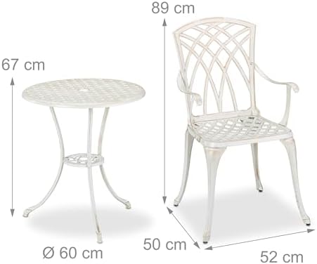 Relaxdays Terrace Table and Chairs, Outdoor Garden Set, Cast Aluminum, Antique Balcony Furniture, White/Bronze - Image 5