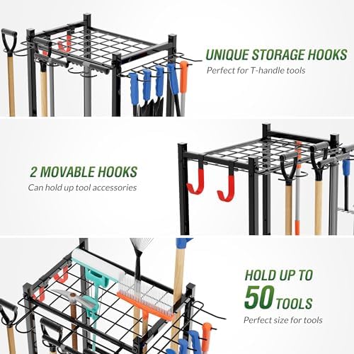 Garden Tool Organizer Up to 50 Tools, Heavy Duty Steel Garage Storage Tool Organizer with 11 Hooks, Broom Holder and Tool Rack - Image 5