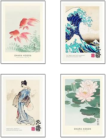 Set of 4 Wooden Base Paintings, Living Room Decoration, Modern, Bedrooms, Room, Oriental, Japanese, Chinese with Metal Hangers, (29 x 20 cm Each Picture) - Image 2