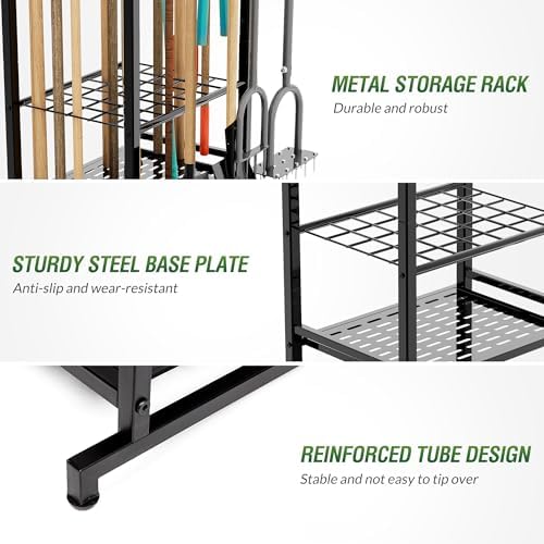 Garden Tool Organizer Up to 50 Tools, Heavy Duty Steel Garage Storage Tool Organizer with 11 Hooks, Broom Holder and Tool Rack - Image 6