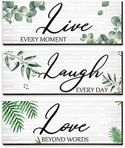 3 Pieces Live Laugh Love Wooden Signs, Eucalyptus Leaves, Green Leaf Botanical Sign, Hanging Wooden Plaque, Family Quotes, Rustic Wall Decor for Home - Image 2