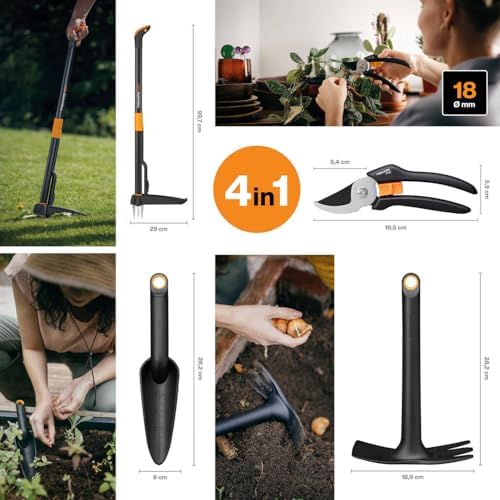 Fiskars Garden Tool Set, 4 Pieces, Xact Brushcutter, Length: 1 m, Solid Hoe, Length: 28 cm, Solid Planter, Length: 28 cm, Bypass Solid Pruning Shears P121, 1077309 - Image 3