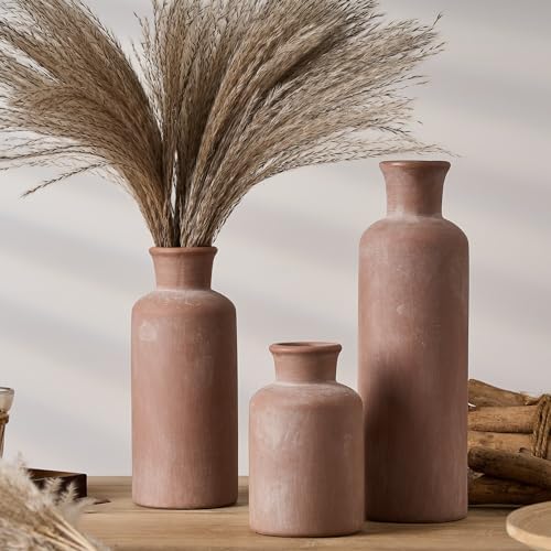 SIDUCAL Set of 3 Rustic Bleached Terracotta Ceramic Vases, Ceramic Vase, Decorative Clay Vases for Home Decor, Living Room, Shelf, Mantel Decor - Image 3