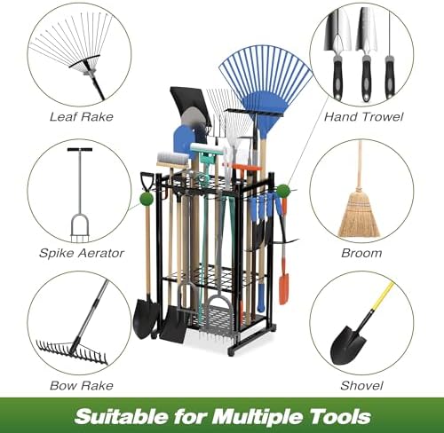 Garden Tool Organizer Up to 50 Tools, Heavy Duty Steel Garage Storage Tool Organizer with 11 Hooks, Broom Holder and Tool Rack - Image 8