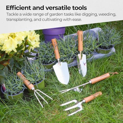 5 Pieces Garden Tools Set with Wooden Handle for Planting, Digging, Weeding, Transplanter, Weeding, Hand Cultivator, Fork, Gardening Gifts for Women Men - Image 4