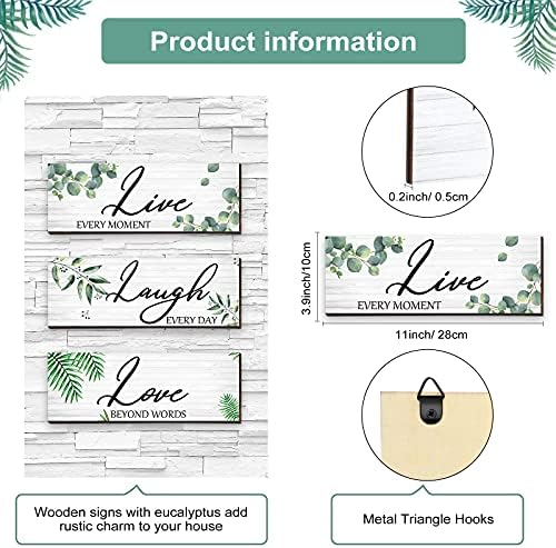 3 Pieces Live Laugh Love Wooden Signs, Eucalyptus Leaves, Green Leaf Botanical Sign, Hanging Wooden Plaque, Family Quotes, Rustic Wall Decor for Home - Image 3