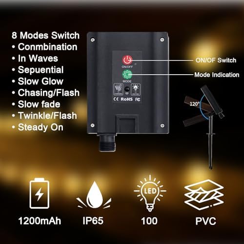 Solar Garden Lights Outdoor, 40ft 100 LED 8 Modes Solar String Lights Waterproof for Patio Garden Patio Tree Home Party Warm White - Image 5