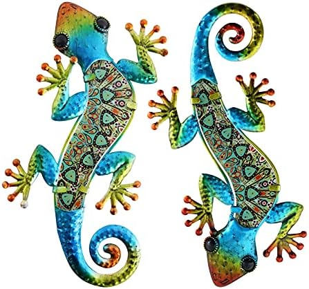 HONGLAND 2 Pieces Metal Gecko Wall Decor Lizard Garden Art Hanging Art Glass Sculpture for Indoor and Outdoor Patio Fence (Green) - Image 2
