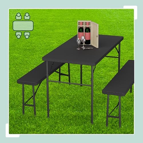 Relaxdays Folding Garden Set, 3 Pieces, Outdoor Table, 2 Benches, Patio, Camping or Reception, Rattan Effect, Black, Steel, 73 x 120 x 61 cm - Image 3
