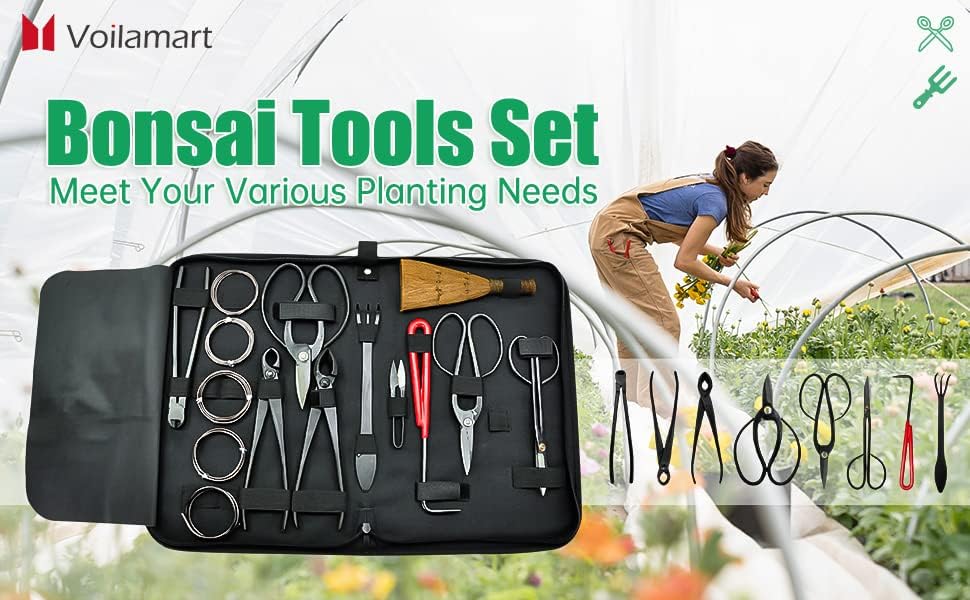 Voilamart 11 Pieces Bonsai Tool Set Carbon Steel Gardening Tool Set with 4 Bonsai Scissors Cutting Scissors, 3 Pliers, 1 Broom, 5 Aluminum Wires in Nylon Bag - Image 4